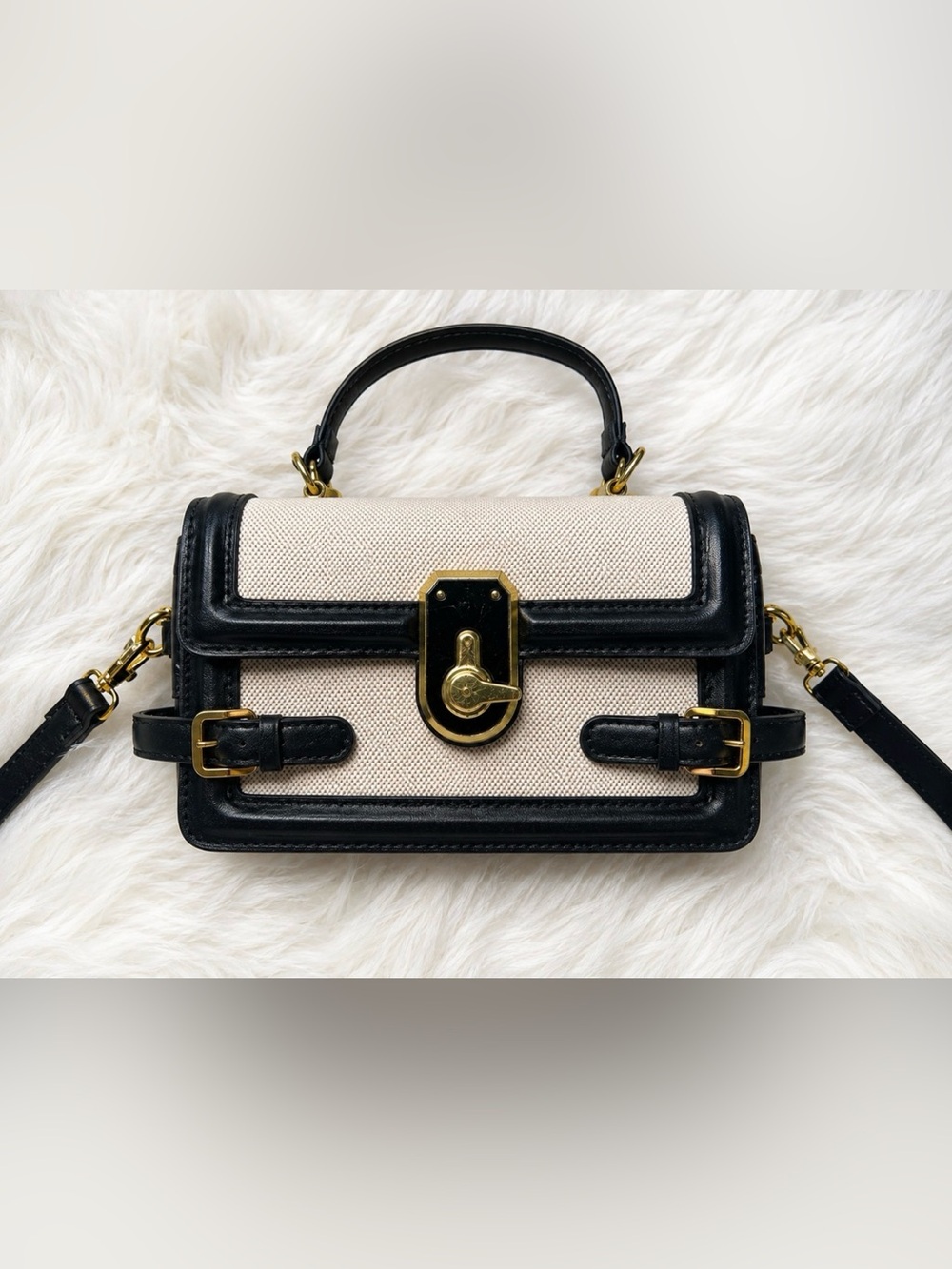 Black & Cream Woven Structured Satchel Crossbody Bag Gold Hardware